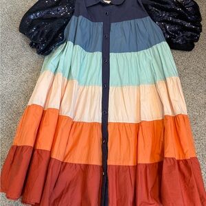 QOS Colorful Striped Dress with Puff Sleeves